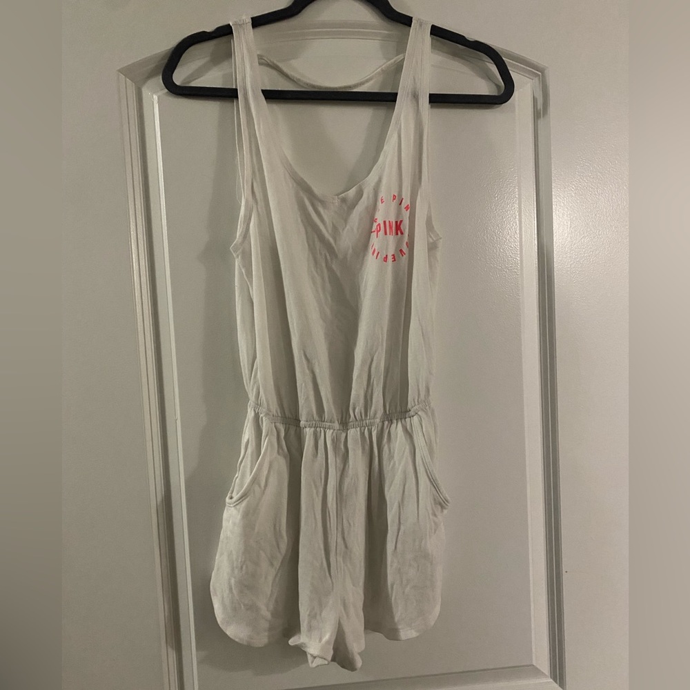 SOLD!! PINK VS White Chinched waist Hip Pockets Swim Coverup Romper M - Picture 10 of 16